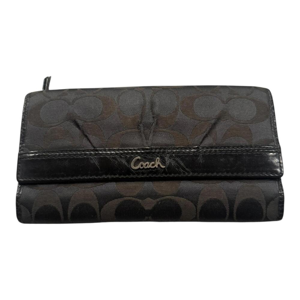 Coach Black Signature Checkbook Wallet with Leather Trim